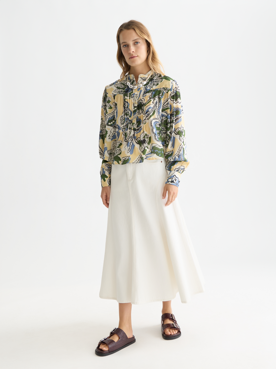 Long-sleeve Scotch & Soda pintuck shirt with button-up front and classic collar, displayed on a neutral background.