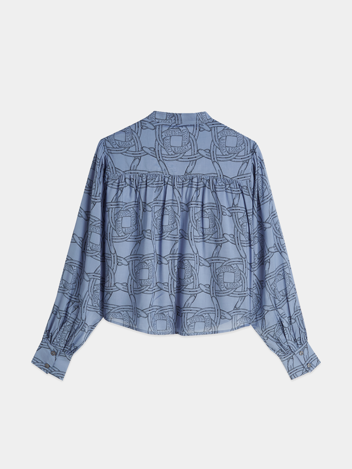 Long-sleeve Scotch & Soda pintuck shirt with button-down front and classic collar, shown in deep navy fabric.