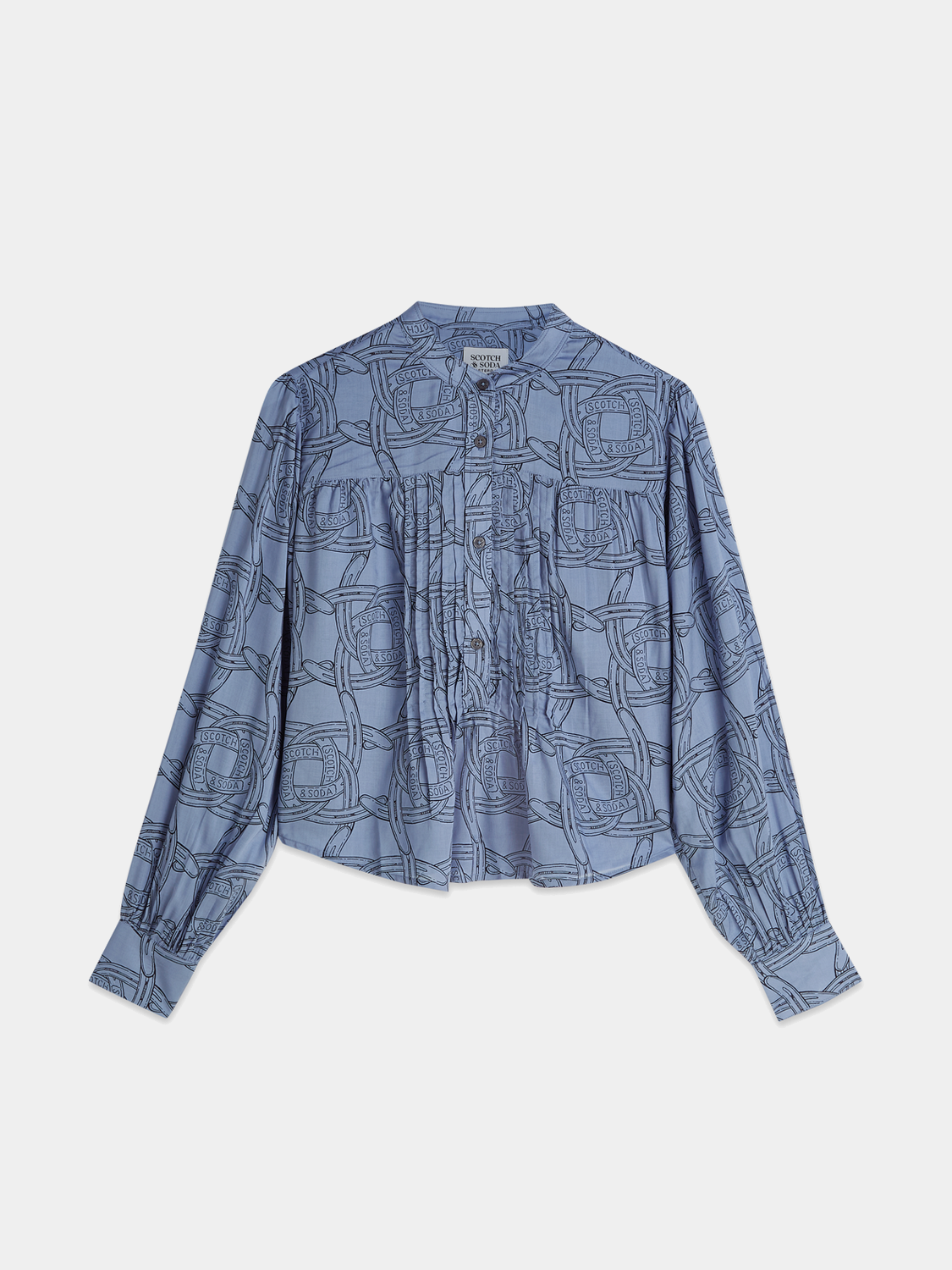 Long-sleeve pintuck shirt by Scotch & Soda, featuring a stylish button-up design and classic collar, shown in a close-up view.