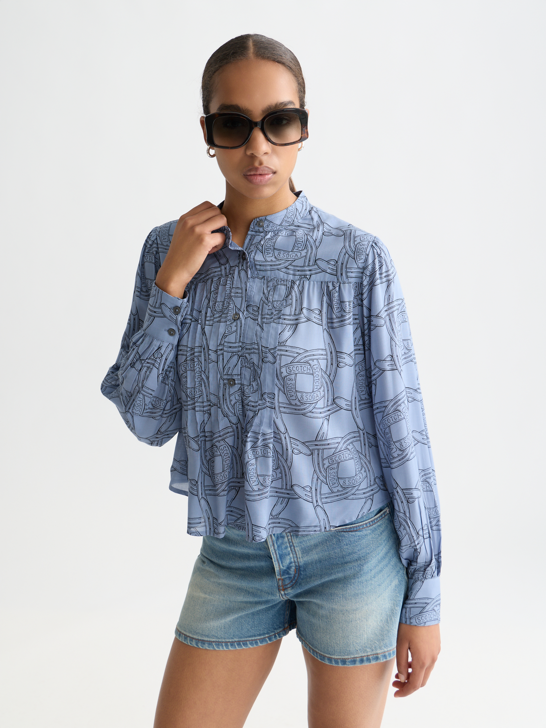 Long-sleeve Scotch & Soda pintuck shirt with a front view, featuring a crisp collar and subtle pintuck detailing.