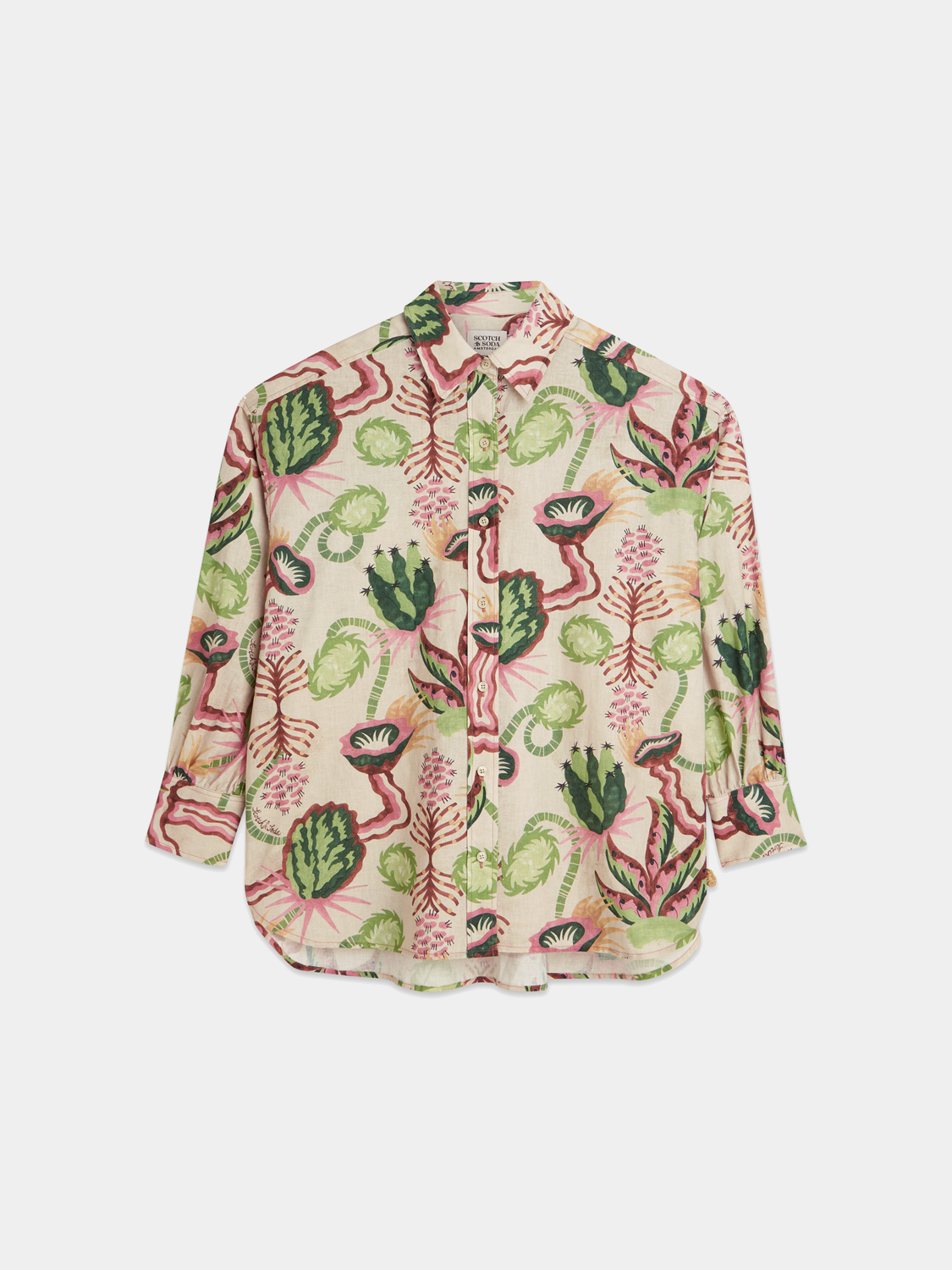 Long-sleeve printed shirt by Scotch & Soda featuring a stylish design and comfortable fit, shown in a close-up view.