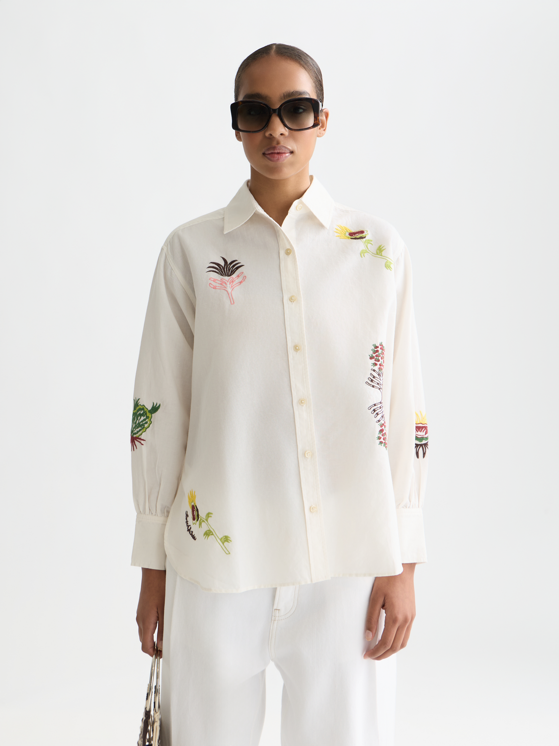 Long sleeve embroidered girlfriend shirt by Scotch & Soda featuring intricate floral embroidery on soft fabric.