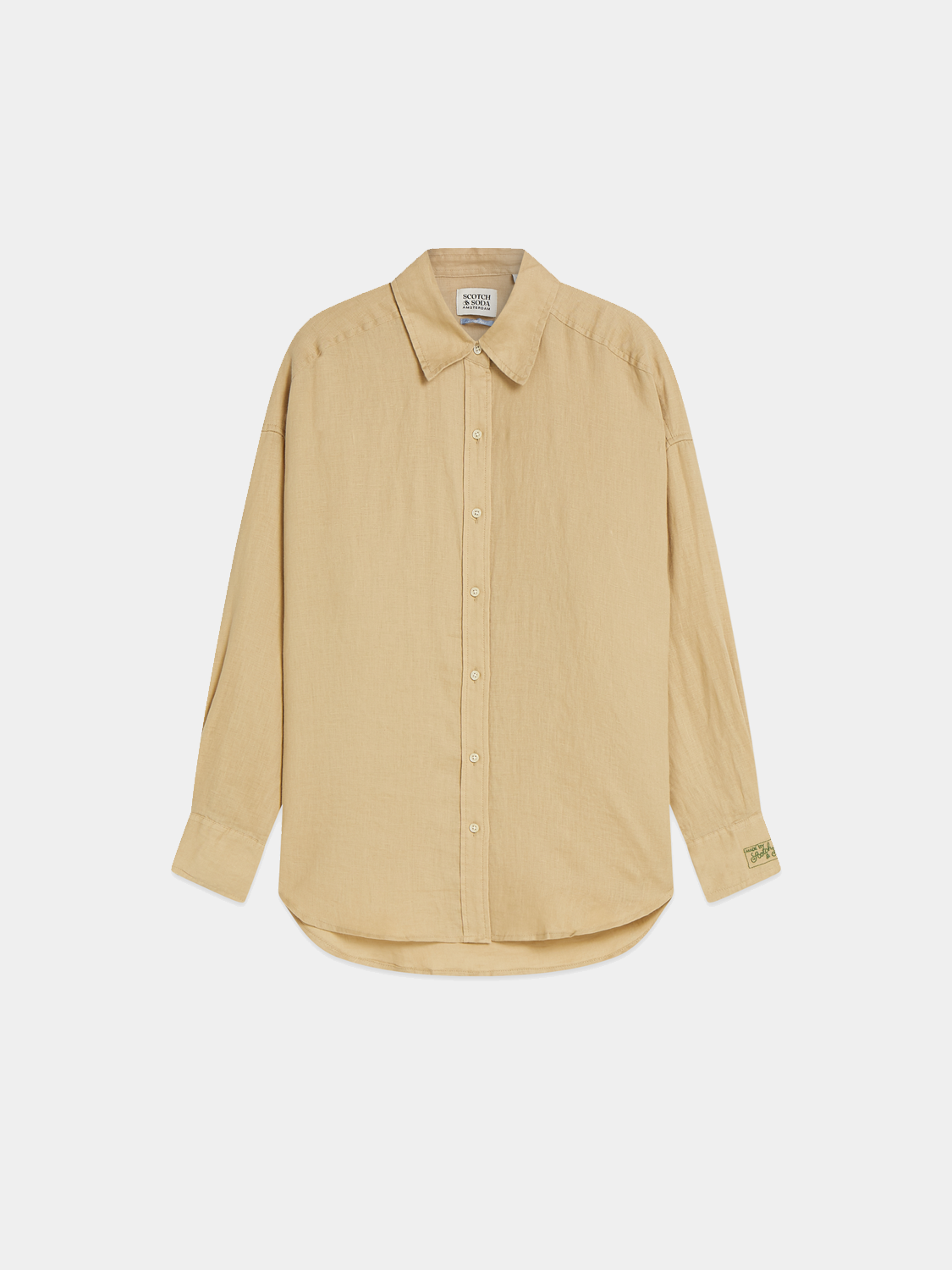 Long-sleeve linen shirt by Scotch & Soda, shown in a natural fabric texture with a classic collar and button front.