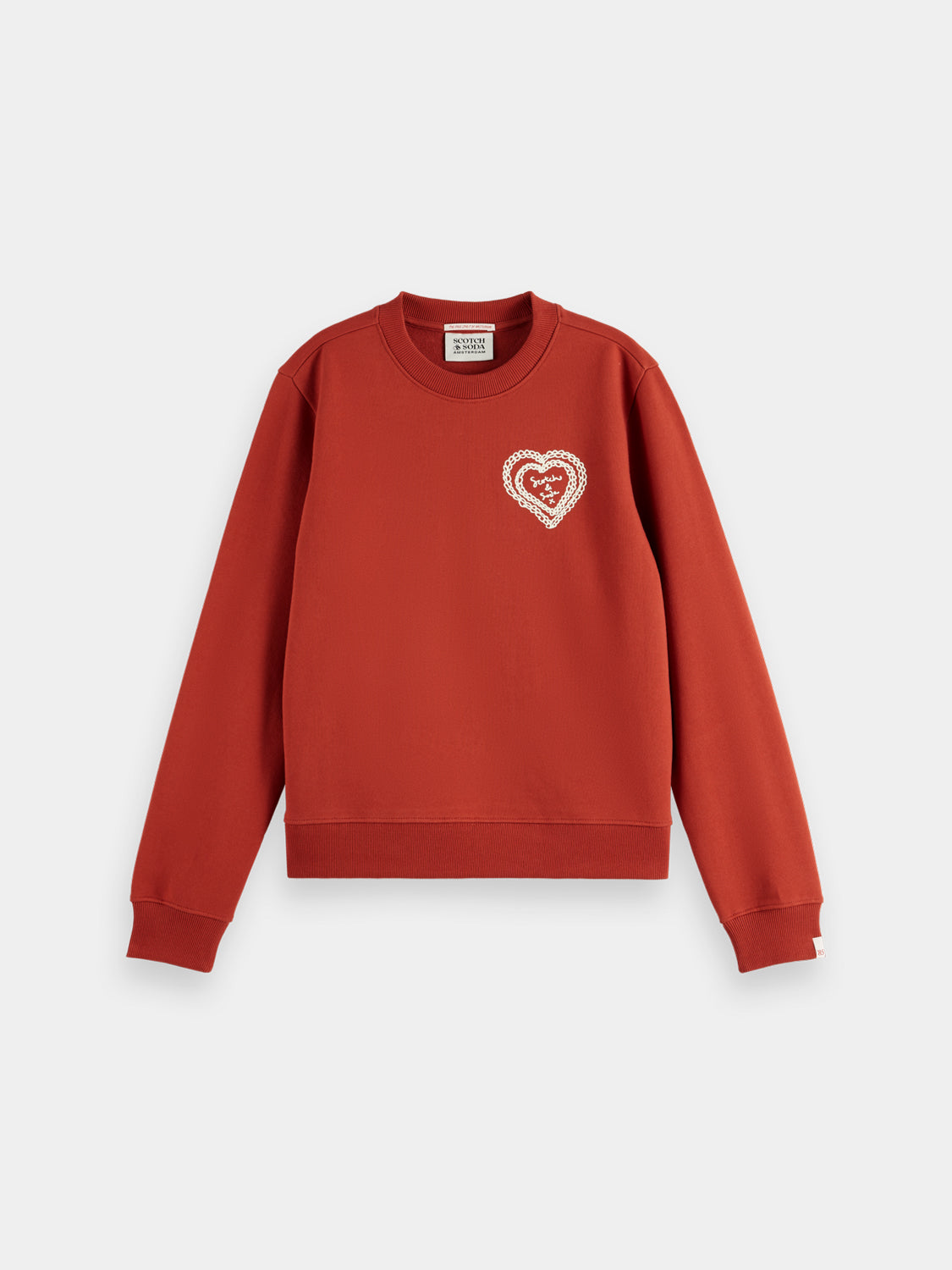 Scarlet sweatshirt with chest artwork featuring bold graphic design, made by SCOTCH & SODA, displayed on a model.