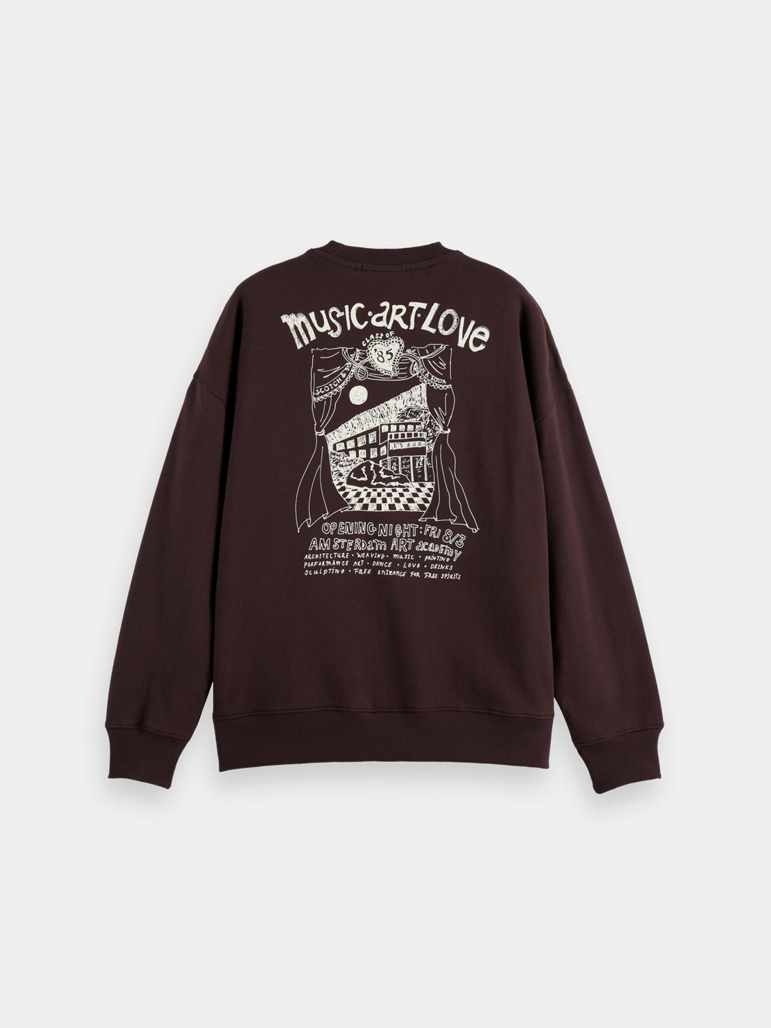 Oversized sweatshirt by Scotch & Soda featuring artwork design, black color, soft fabric, and relaxed fit for casual wear.