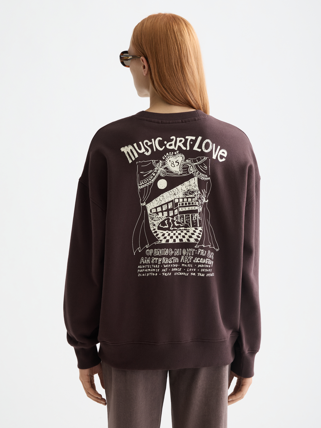 Artwork oversized sweatshirt by Scotch & Soda, black sweats with artistic printed design, casual and comfortable fit.