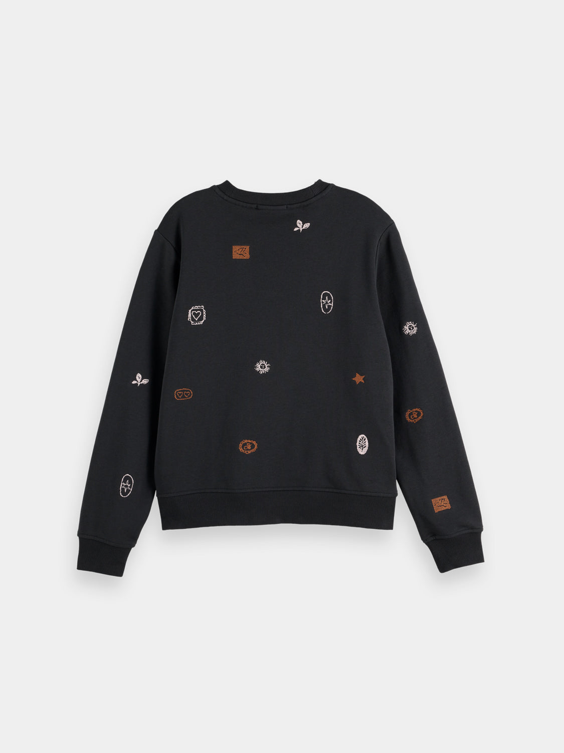 Black Scotch & Soda embroidery sweatshirt with detailed embroidery on the front, casual long-sleeve sweats for comfortable style.