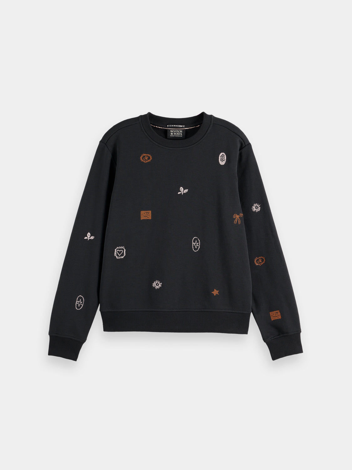 SCOTCH & SODA embroidery sweatshirt featuring detailed stitched design, casual fit, and soft fabric for comfortable wear.
