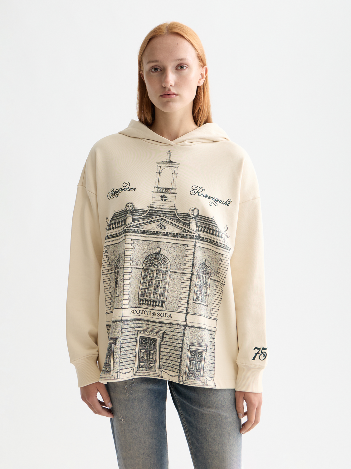 SCOTCH & SODA Artwork hoodie, gray sweats with artistic print, front view showing detailed design and soft fabric texture.