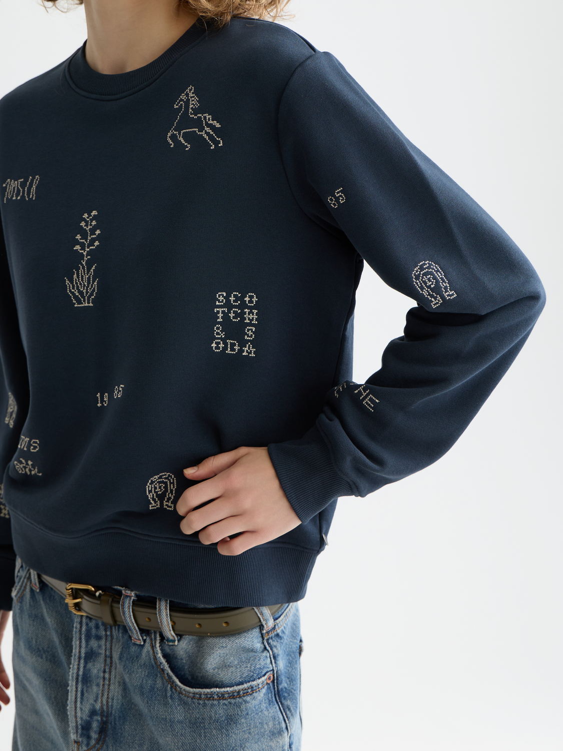 Embroidered sweatshirt from Scotch & Soda featuring detailed stitching and casual fit, displayed on a neutral background.
