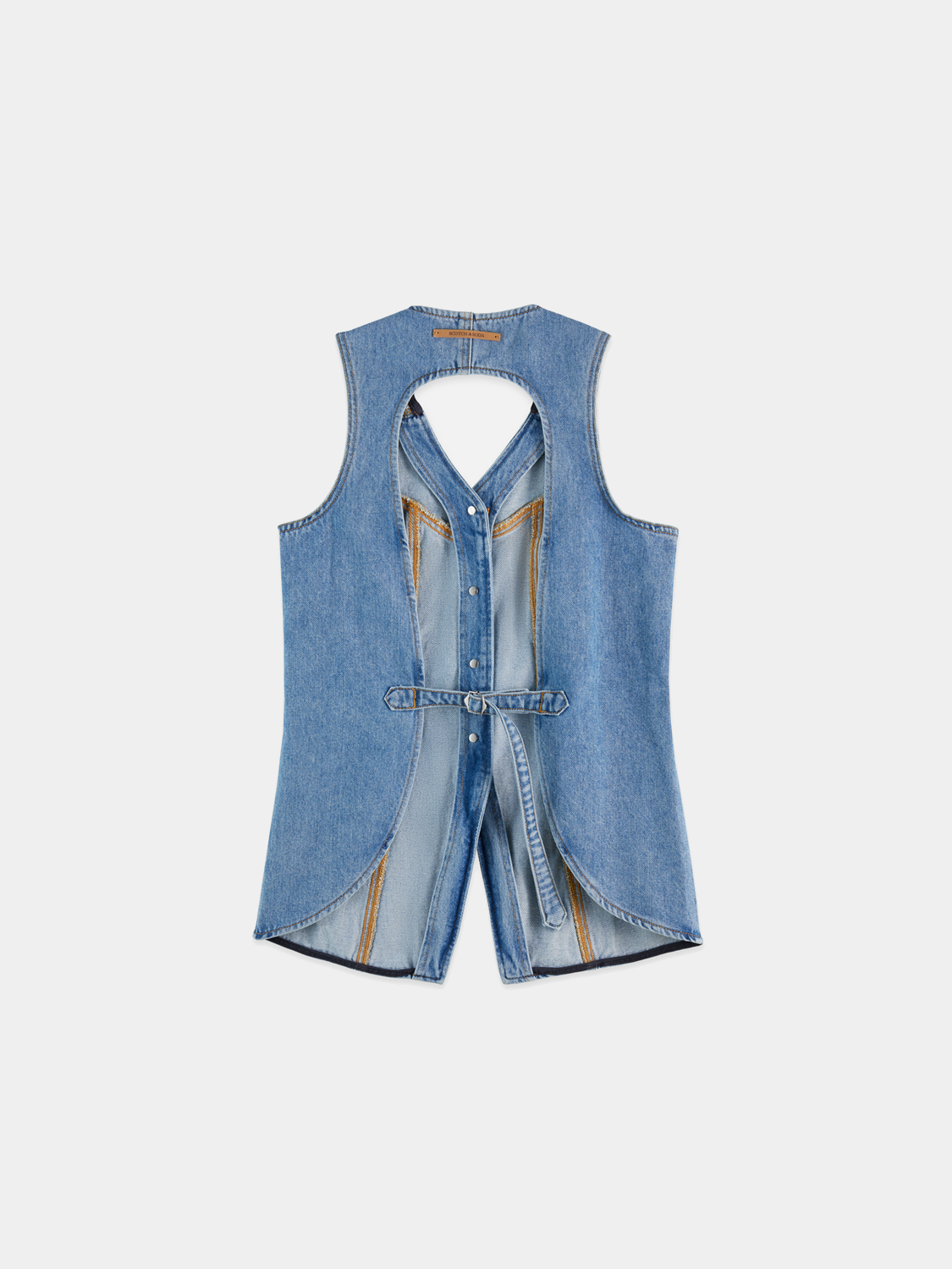 Western denim gilet by Scotch & Soda with front pockets and button closures, shown in dark wash denim.