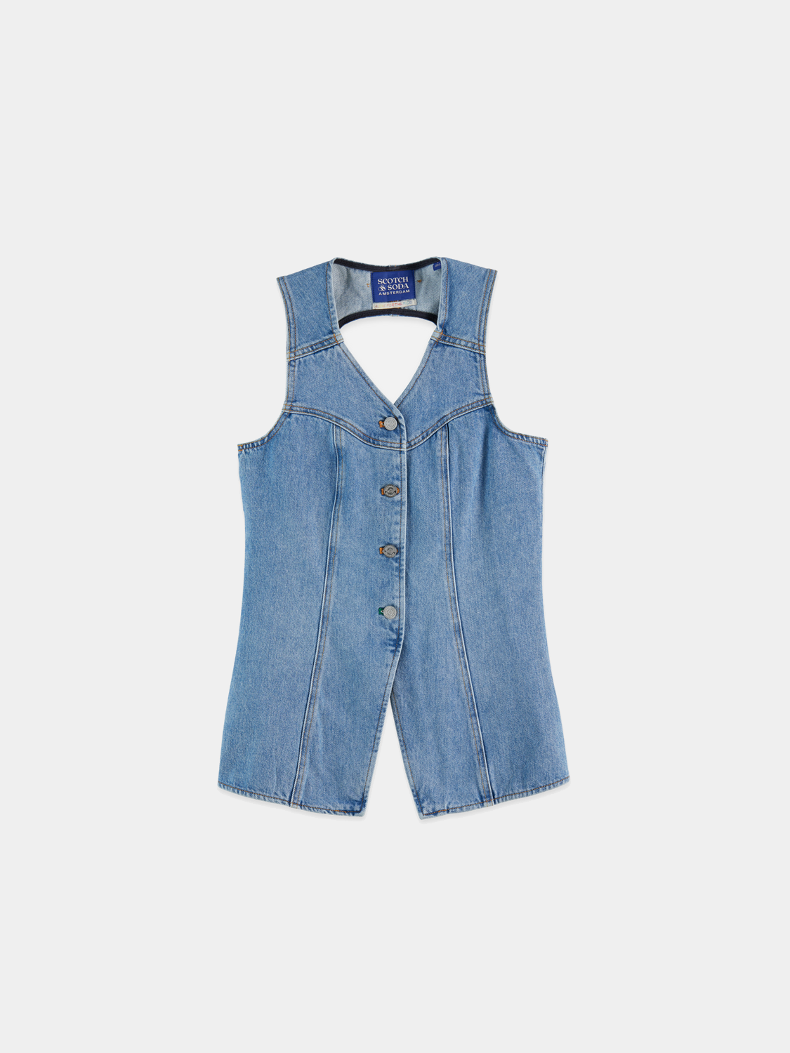 Western denim gilet by Scotch & Soda, sleeveless design with front pockets and stylish stitching, worn as a trendy layered top.