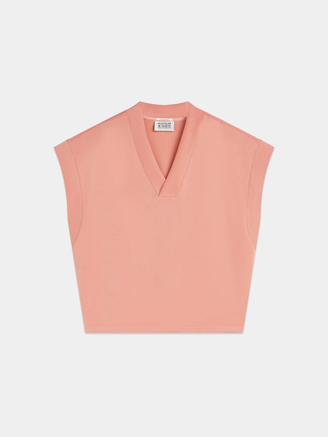SCOTCH & SODA V-neck short-sleeved sweatshirt, casual black sweats with a fitted V-neck, laid flat on a white background.