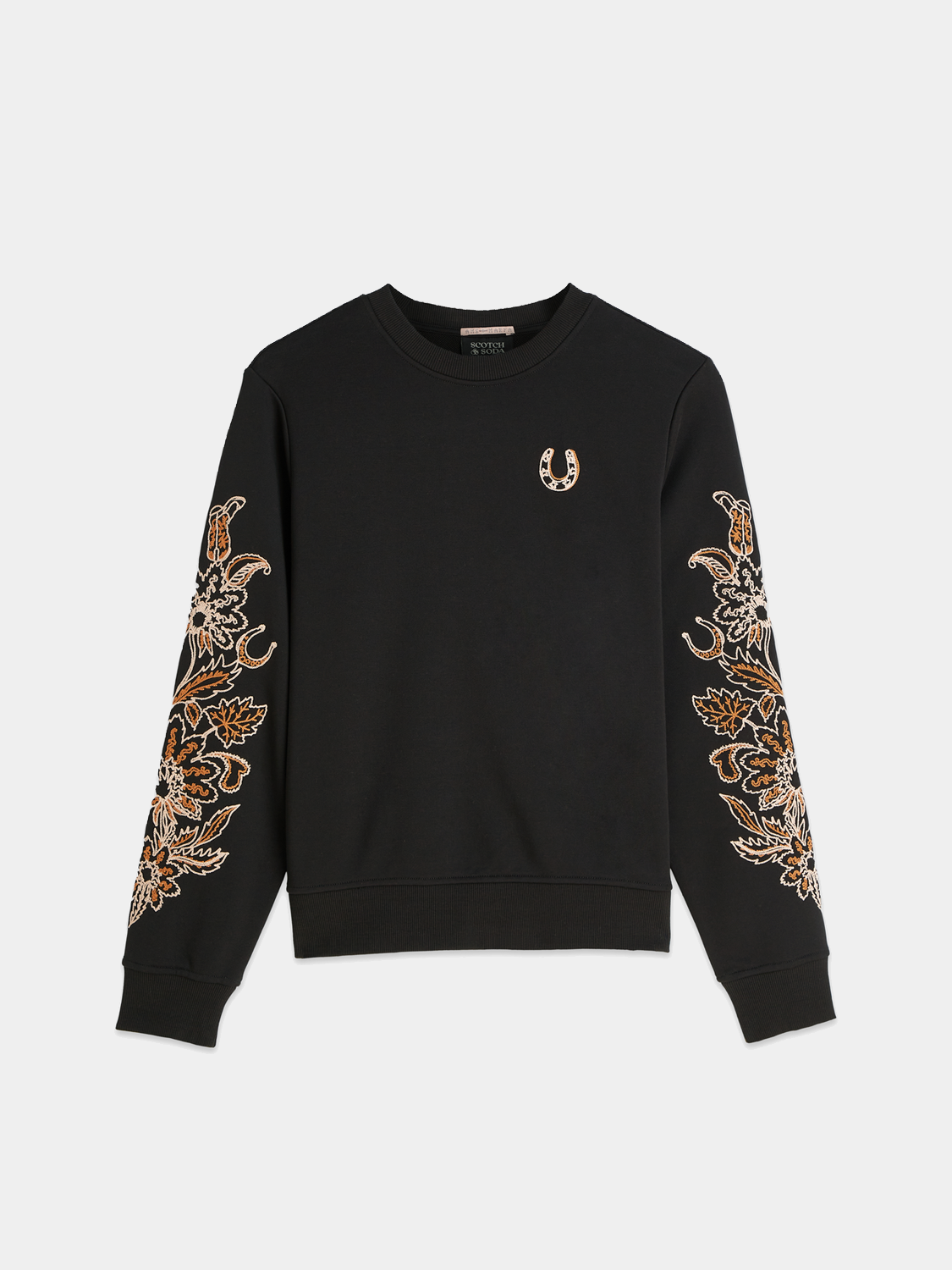 Embroidery detail on Scotch & Soda sweatshirt, casual knit sweats with colorful stitched design and comfortable fit.