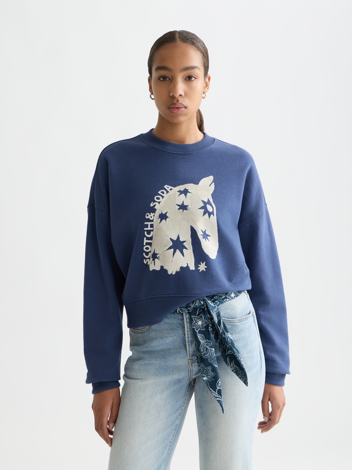 SCOTCH & SODA artwork sweatshirt featuring a colorful graphic design on a casual sweatshirt, front view.