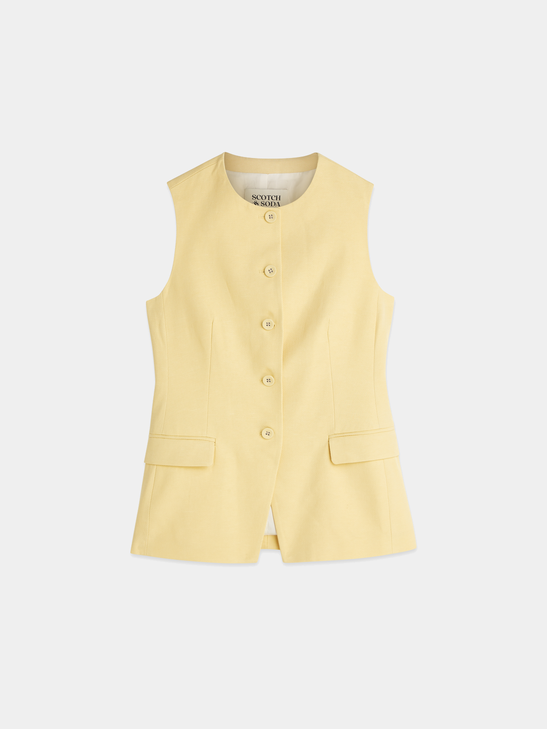 Tailored Scotch & Soda gilet in neutral fabric, featuring a fitted design and front button closure, displayed on a mannequin.