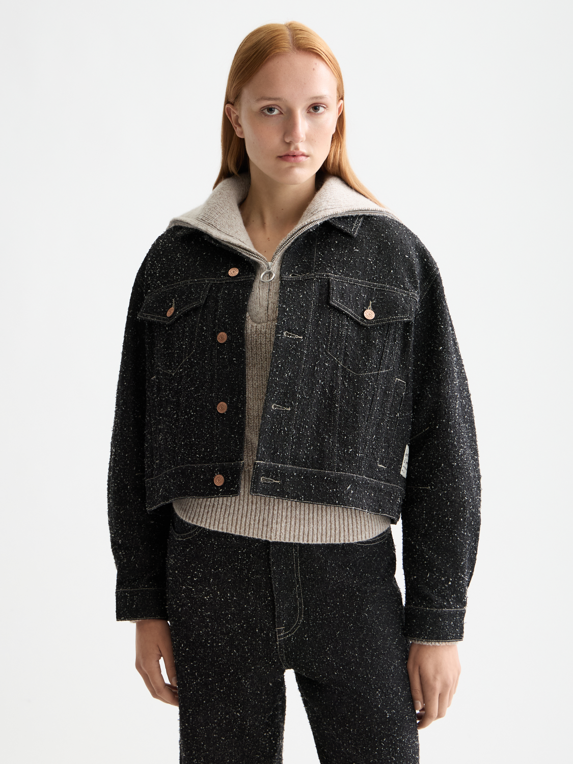 Textured denim jacket from Scotch & Soda, showing close-up of the fabric and stylish collar detail.