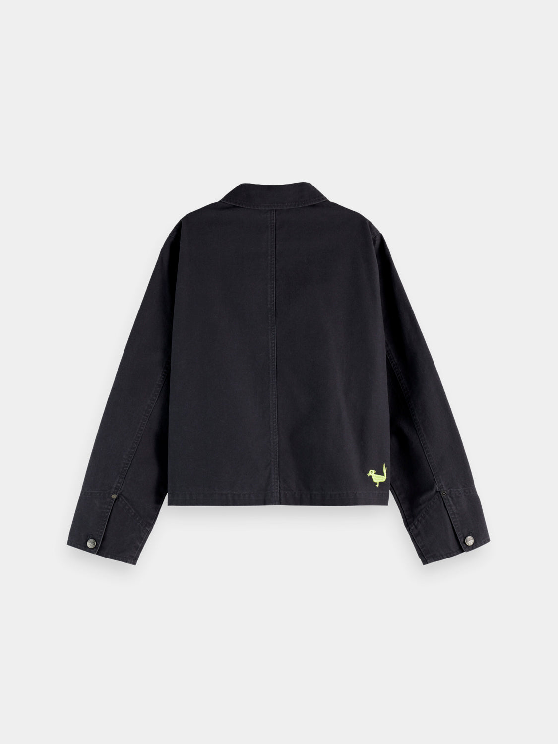 Washed workwear jacket by Scotch & Soda, rugged jacket with a casual fit, shown in dark color with front pockets and button closure.