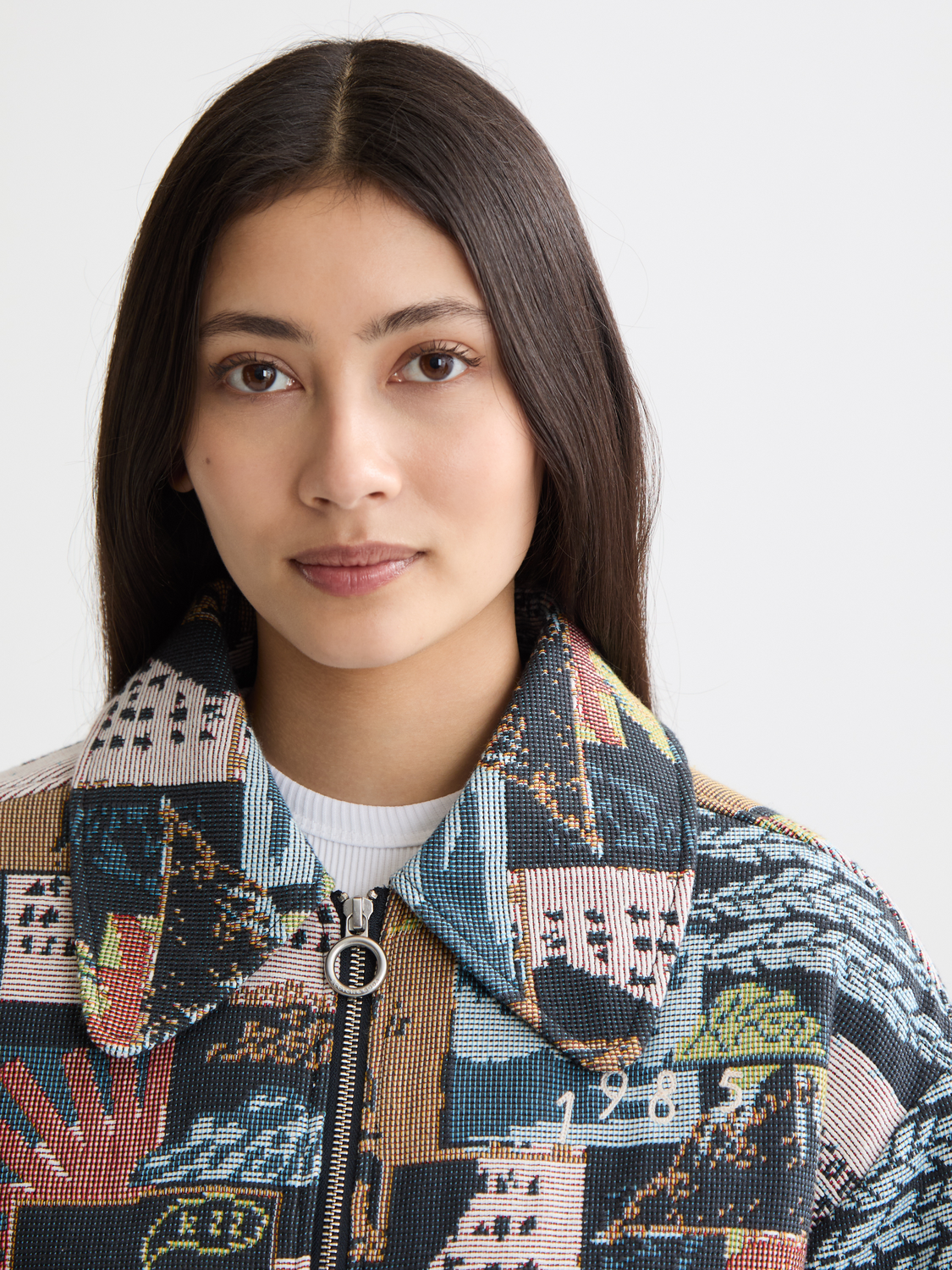 Scotch & Soda Jacquard jacket with intricate woven pattern, tailored fit, and classic collar, stylishly displayed on a model.