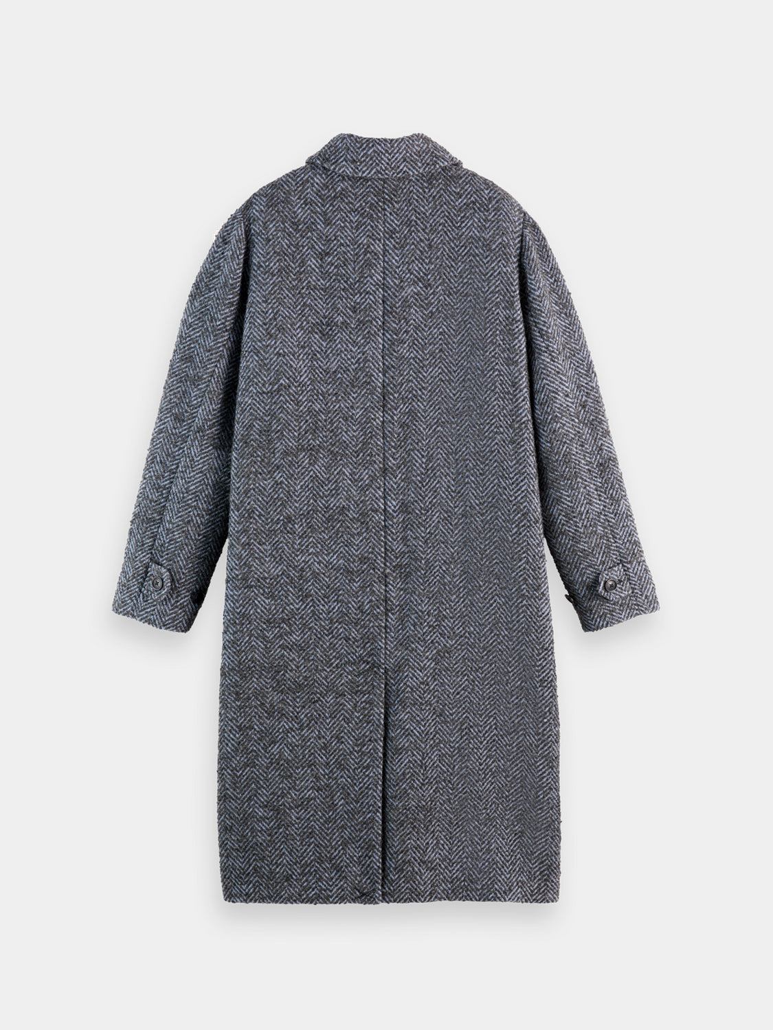 Black wool-blend Scotch & SODA carcoat jacket displayed on a hanger with visible collar and button details.