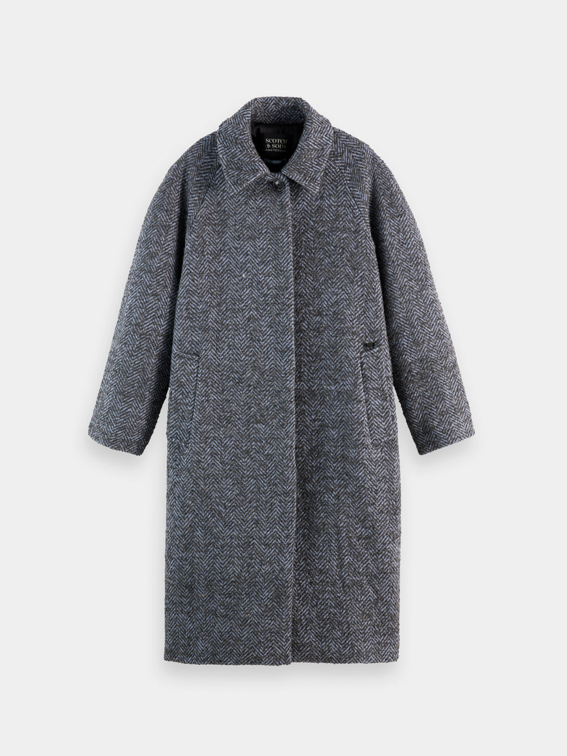 Wool blend carcoat jacket from Scotch & Soda displayed on a hanger, featuring a classic design with a button front and collar.