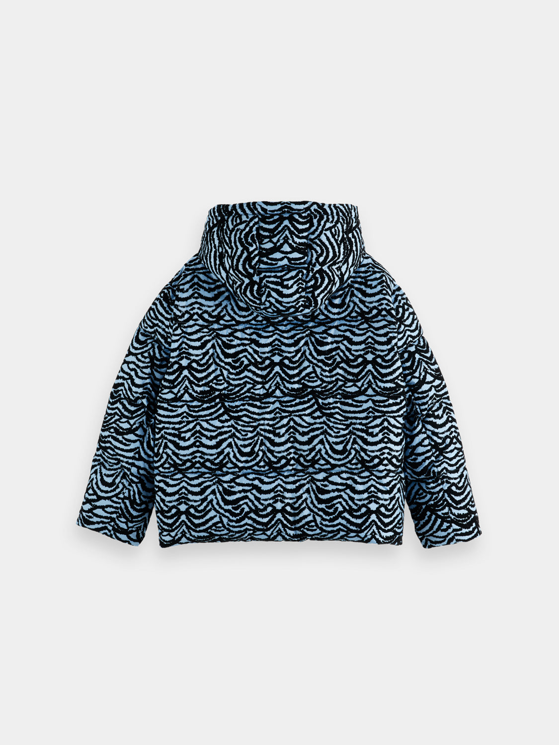 Black hooded puffer jacket by Scotch & Soda, insulated and quilted with a front zipper and adjustable hood for warmth.