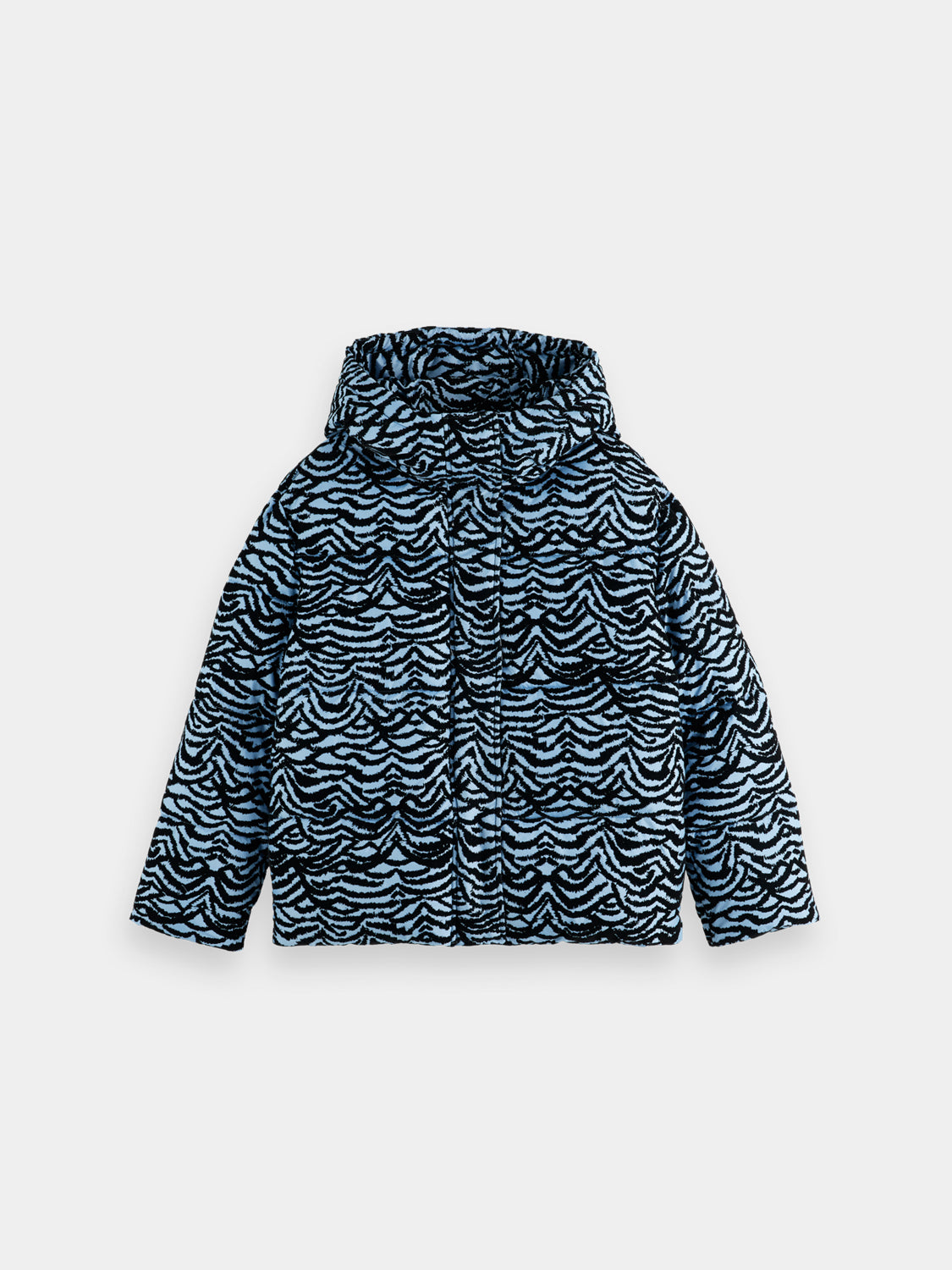 Scotch & Soda hooded puffer jacket in black, featuring a quilted design and front zipper, suitable for cold weather.
