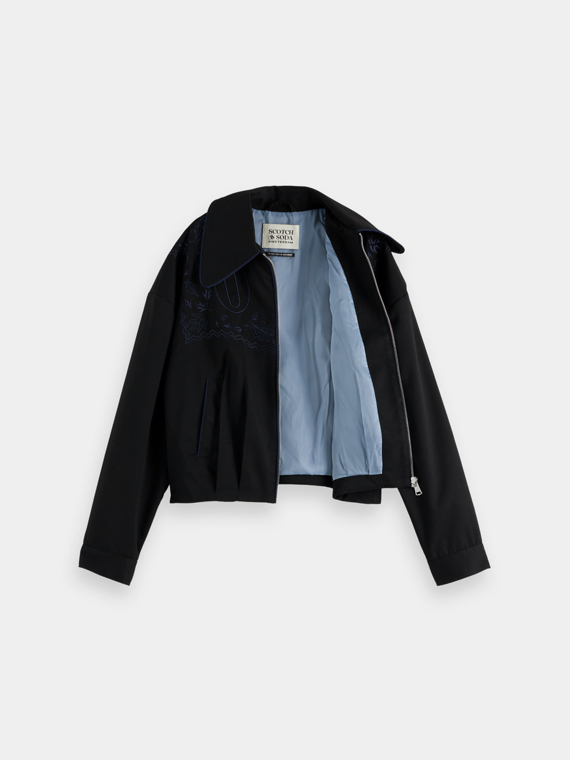 Embroidered Scotch & Soda bomber jacket featuring detailed embroidery, ribbed cuffs, and a stylish zip-up front.