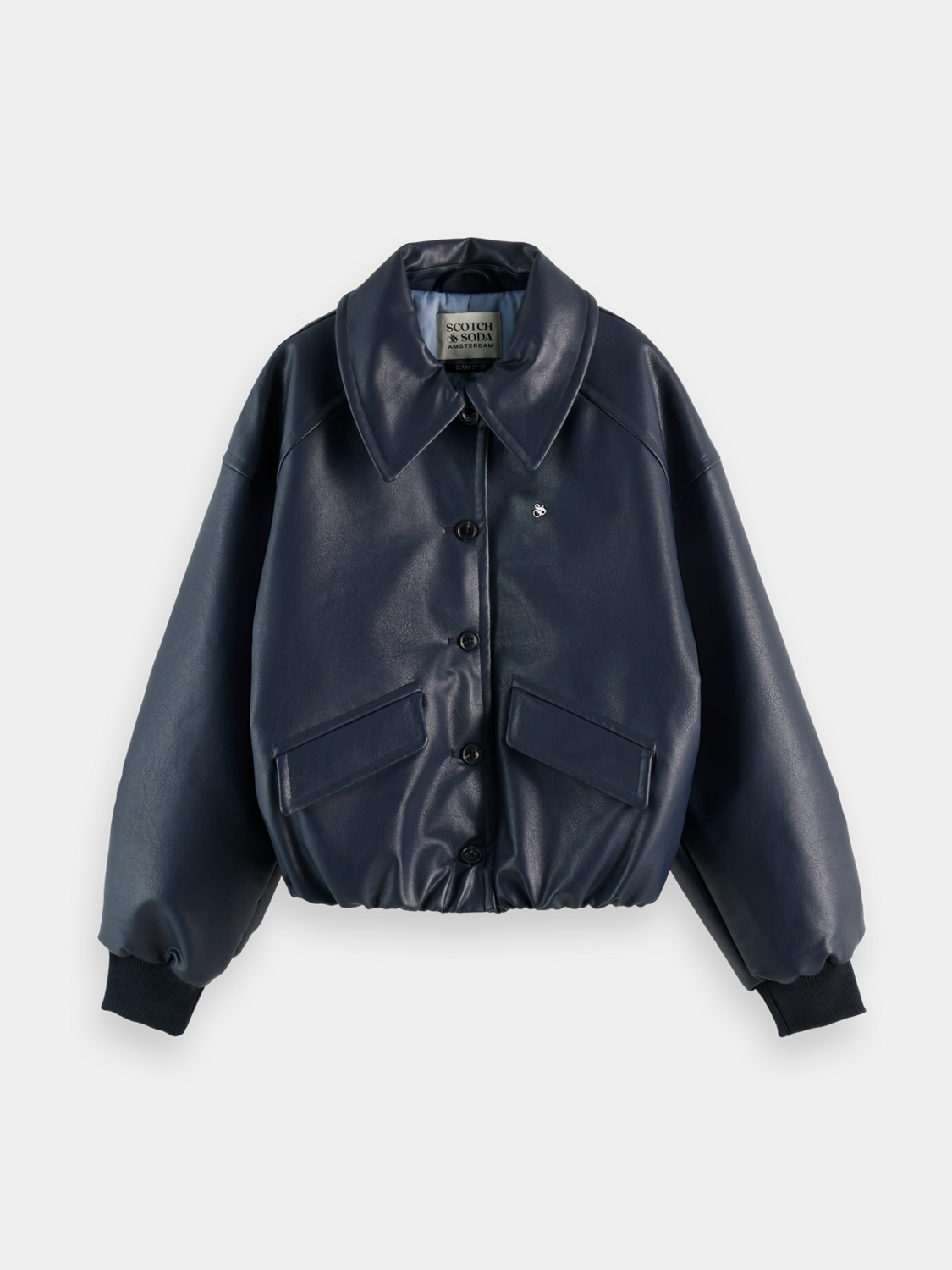Faux leather bomber jacket by Scotch & Soda, featuring a classic fit, ribbed cuffs, and front zipper closure.