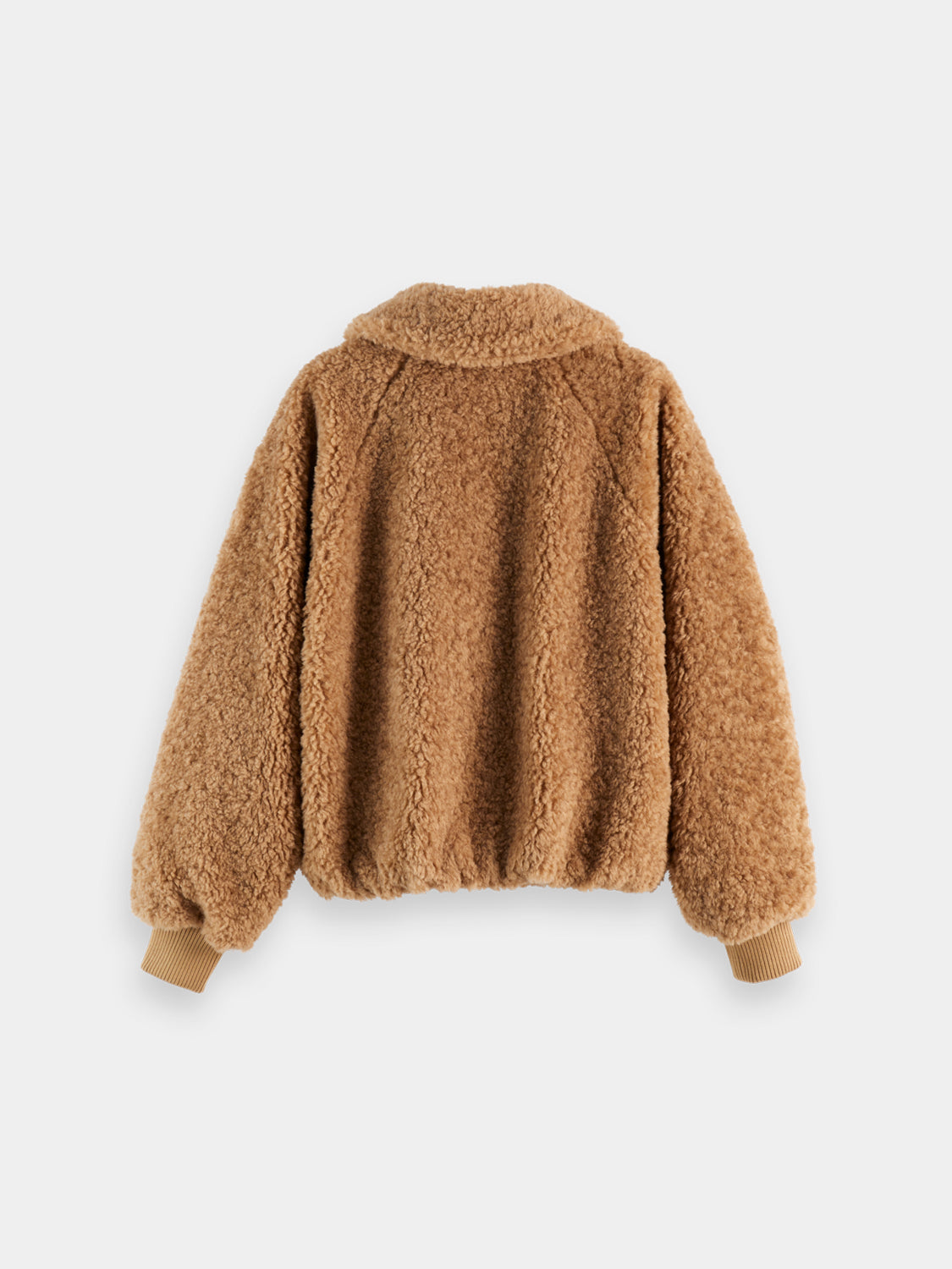 Black Scotch & Soda Teddy bomber jacket with a plush, fuzzy exterior and ribbed collar, cuffs, and hem.