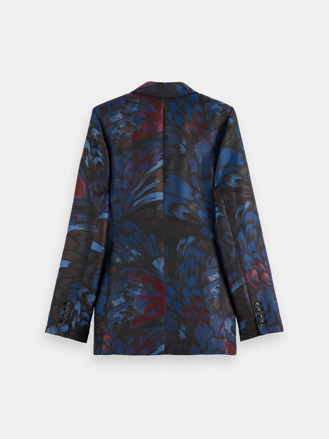 Dark navy Scotch & Soda jacquard blazer with structured fit and detailed pattern, showcased on a mannequin.