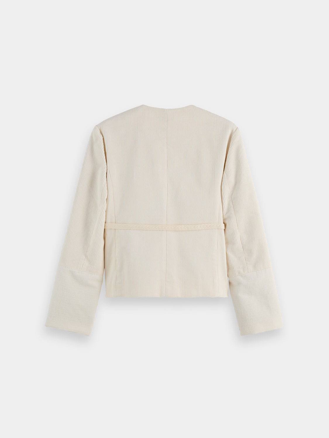 Black belted collarless blazer by Scotch & Soda, tailored with a sleek, minimalist design and structured fit.