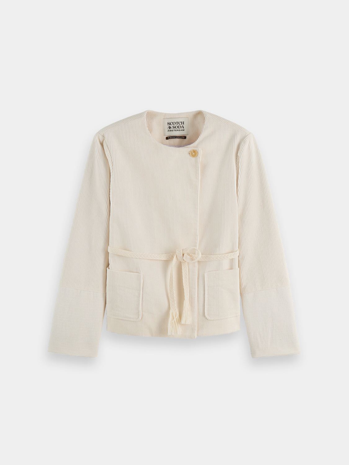 Scotch & Soda belted collarless blazer featuring a sleek design, tailored fit, and stylish front closure.