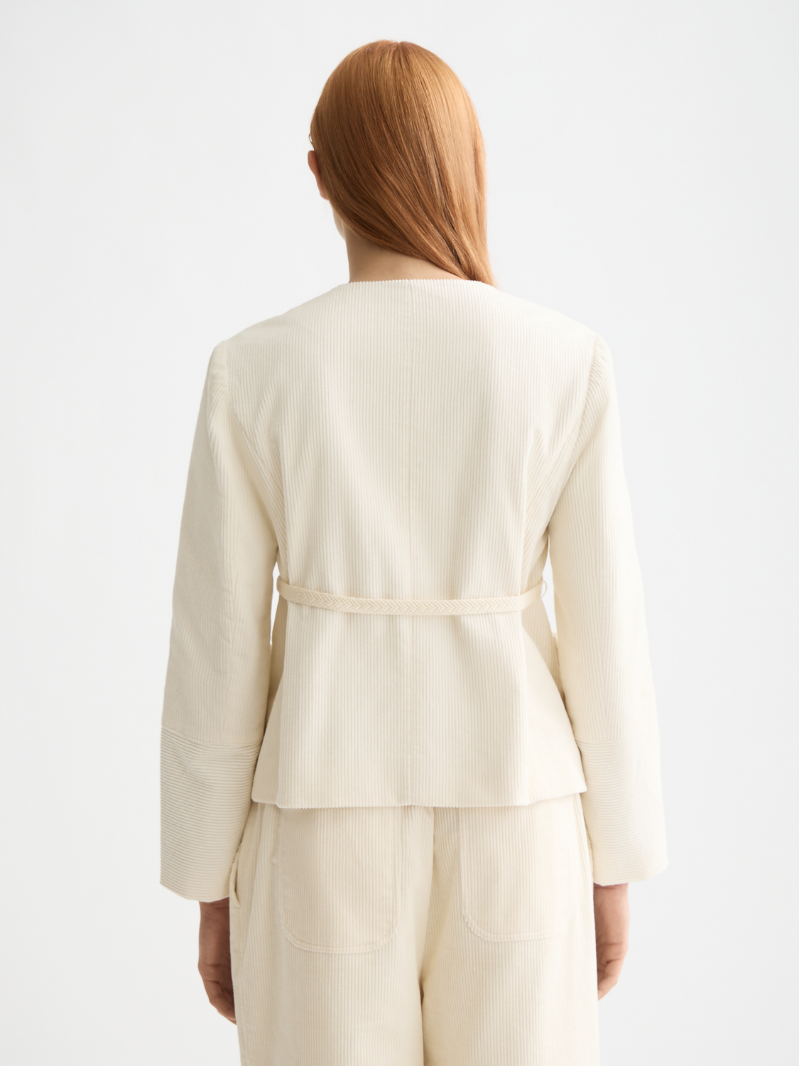 Scotch & Soda belted collarless blazer jacket with tailored fit and sleek design, featuring a front belt and classic lapel details.