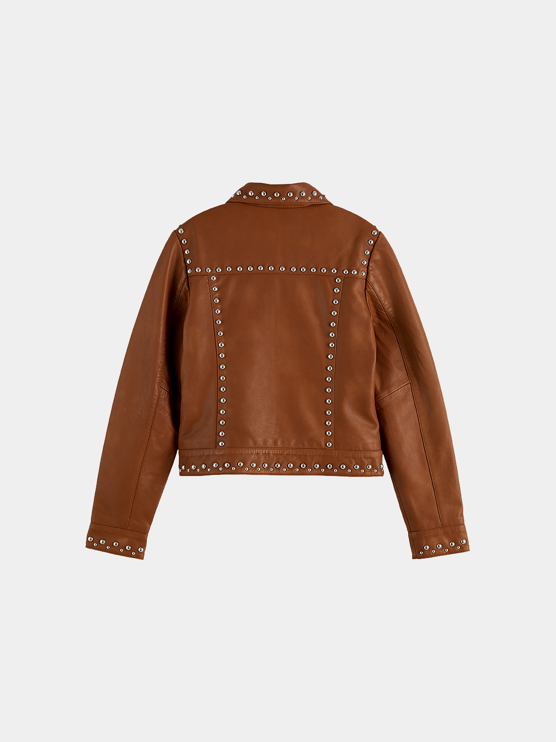 Leather trucker jacket by Scotch & Soda, showing the back view with detailed stitching on a casual style jacket.