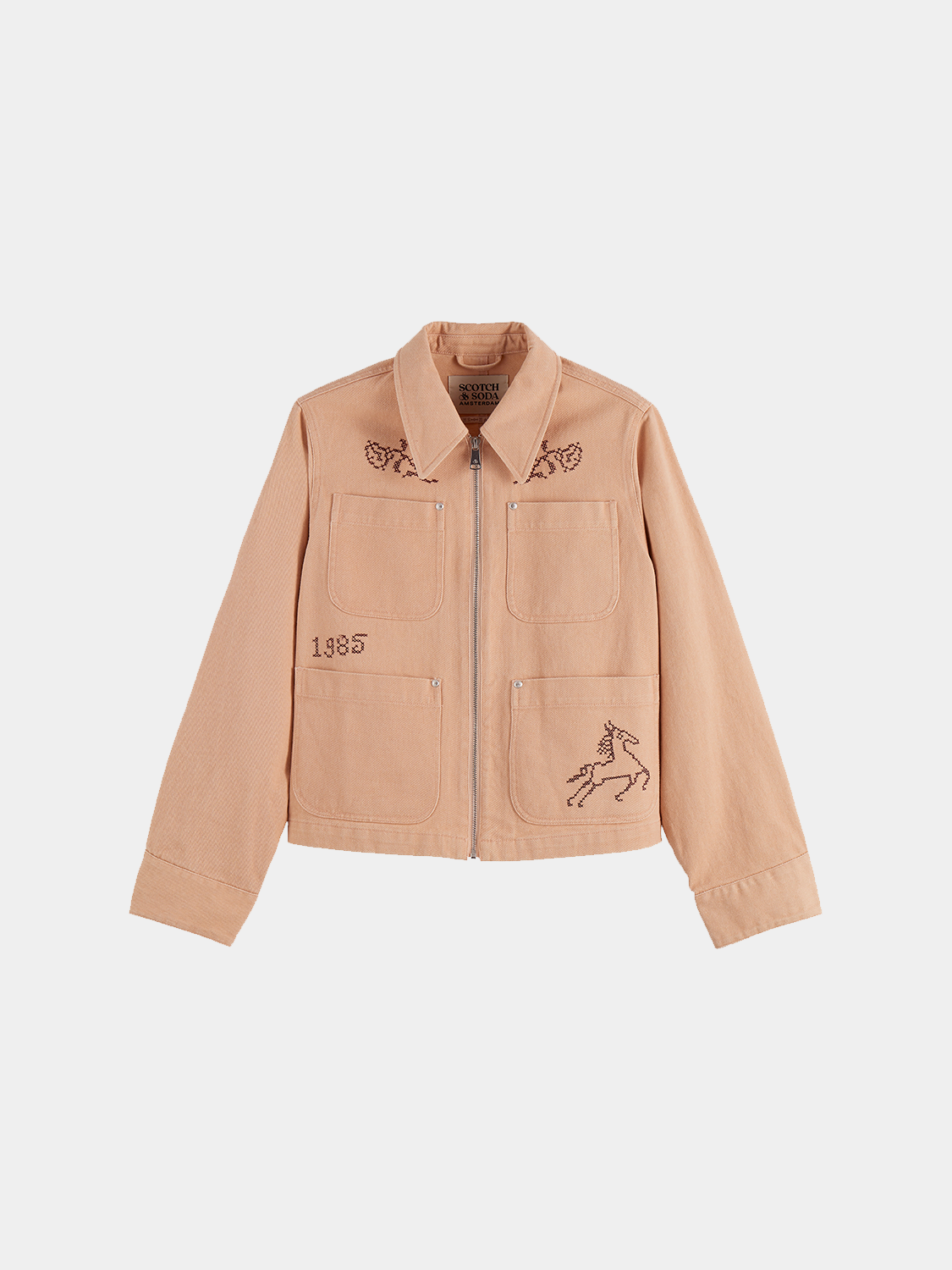 Embroidered SCOTCH & SODA jacket with detailed floral embroidery, featuring a fitted design and front zipper closure.
