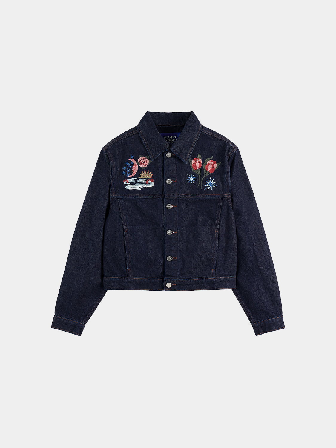 Embroidered denim jacket by Scotch & Soda featuring detailed floral embroidery and classic denim styling.
