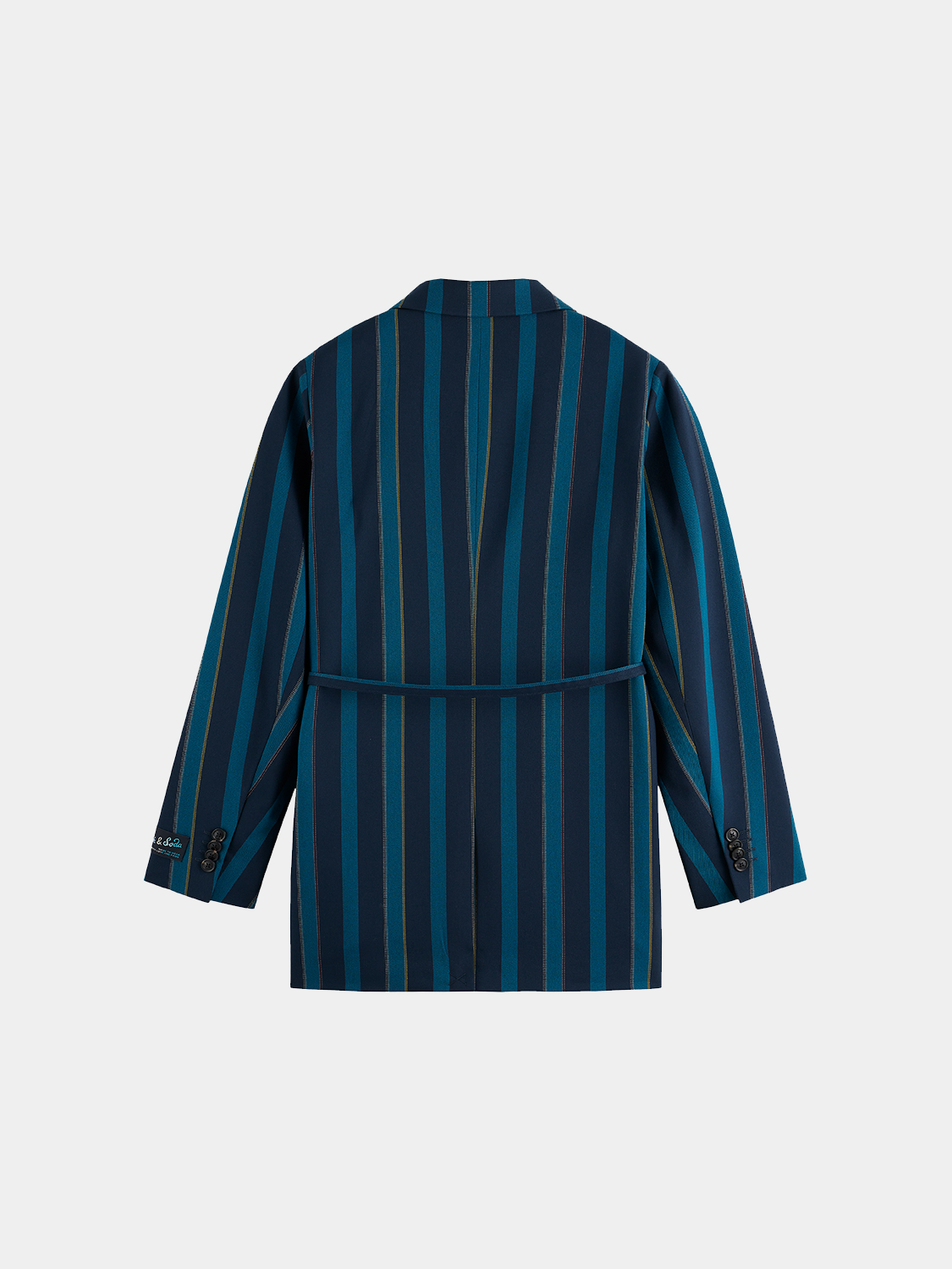 Dark double-breasted striped blazer from Scotch & Soda, featuring classic lapels and tailored fit, displayed on a hanger.