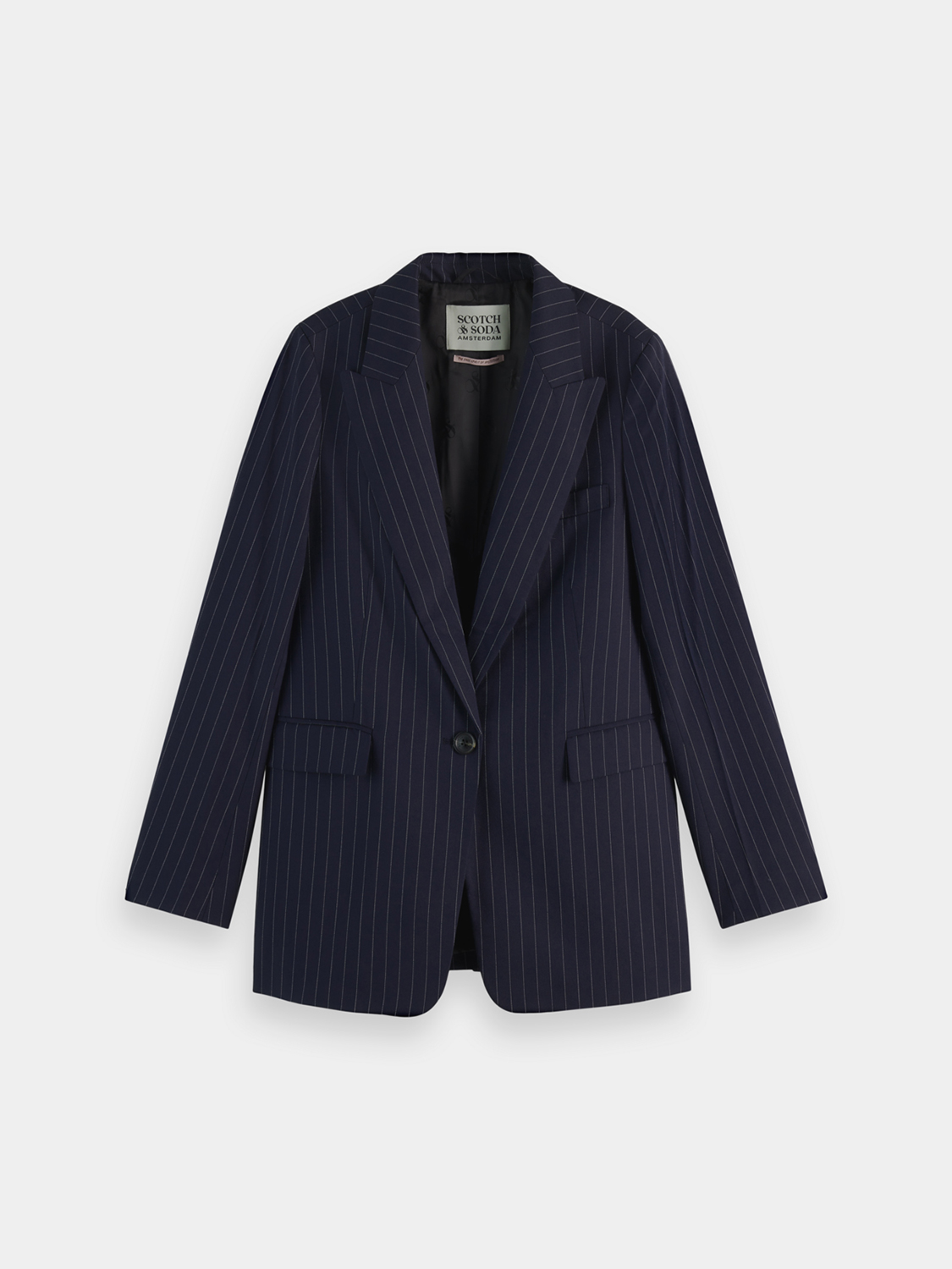 Fitted single-breasted blazer from Scotch & Soda in dark fabric, tailored with a structured lapel and button closure.