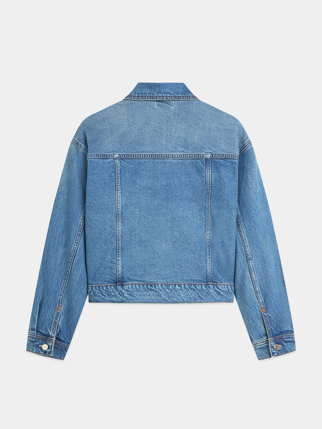Blue denim trucker jacket by Scotch & Soda, shown from the back with classic stitching and button details.