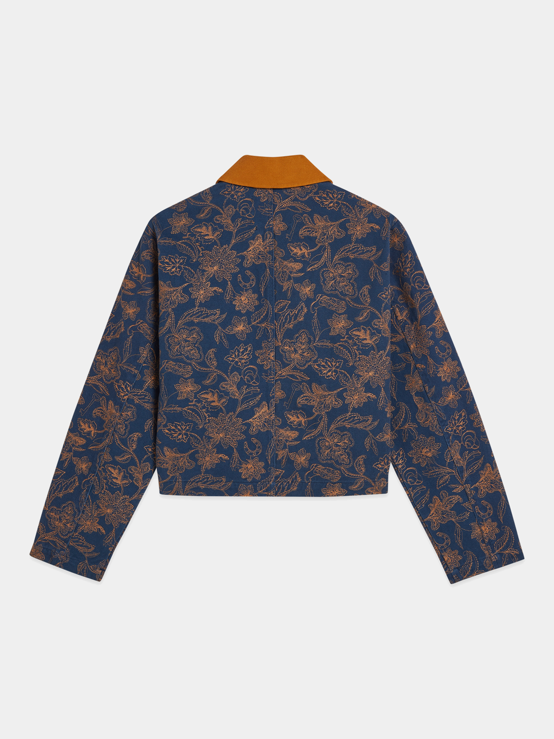 Black embroidered jacket by Scotch & Soda featuring intricate stitching and stylish design, displayed on a hanger.