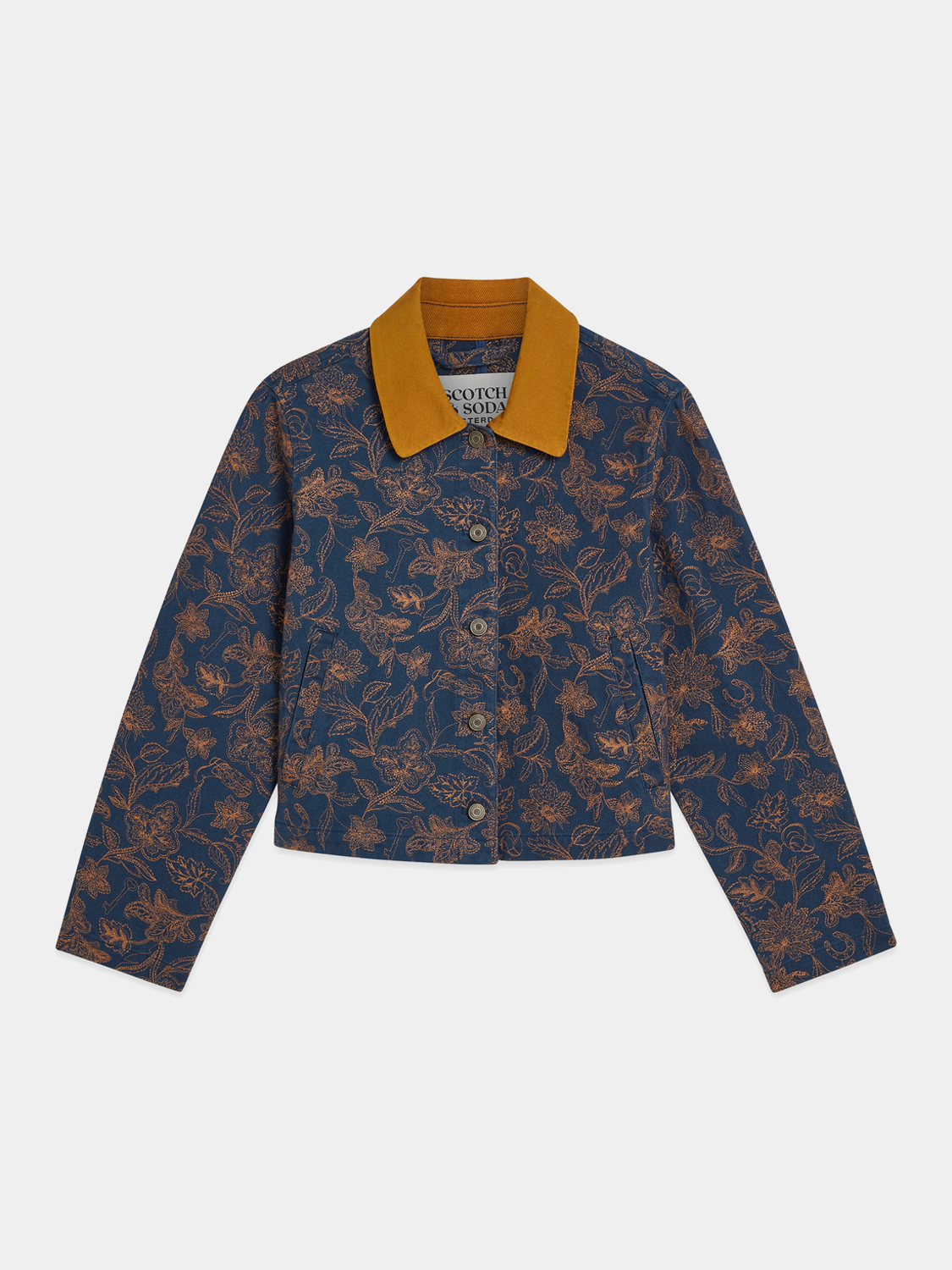 Embroidered jacket by Scotch & Soda featuring intricate floral embroidery, front view showcasing detailed design and stylish fit.