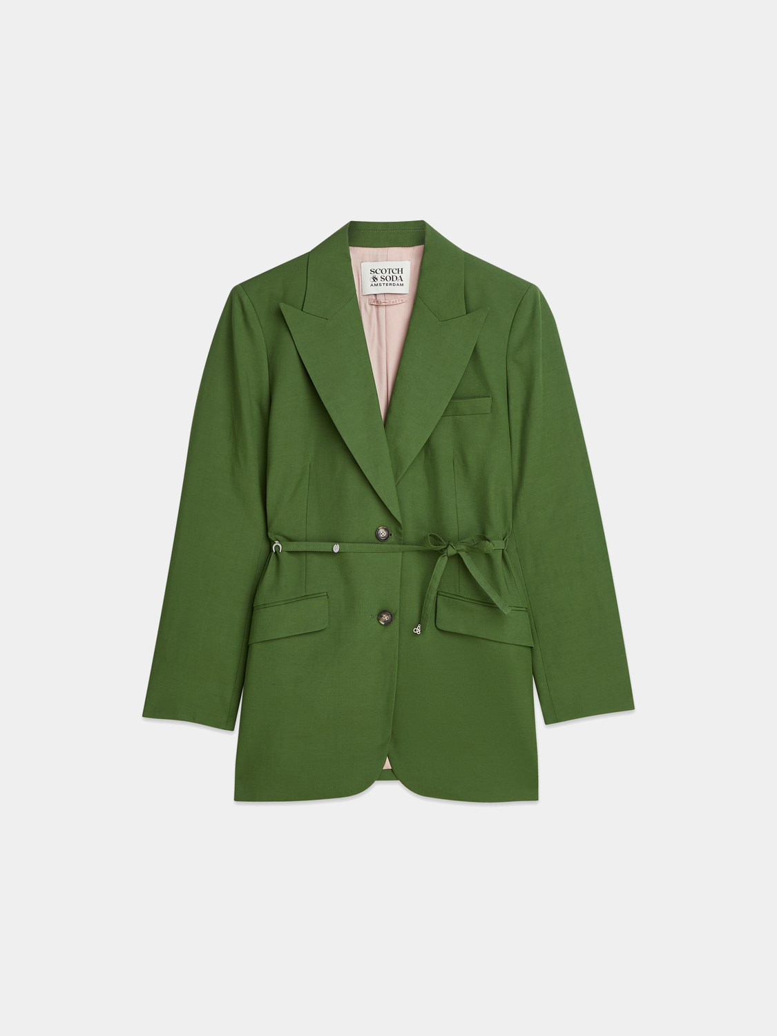 Linen-blend blazer by Scotch & Soda, tailored fit with classic lapel, displayed on a hanger against a neutral background.