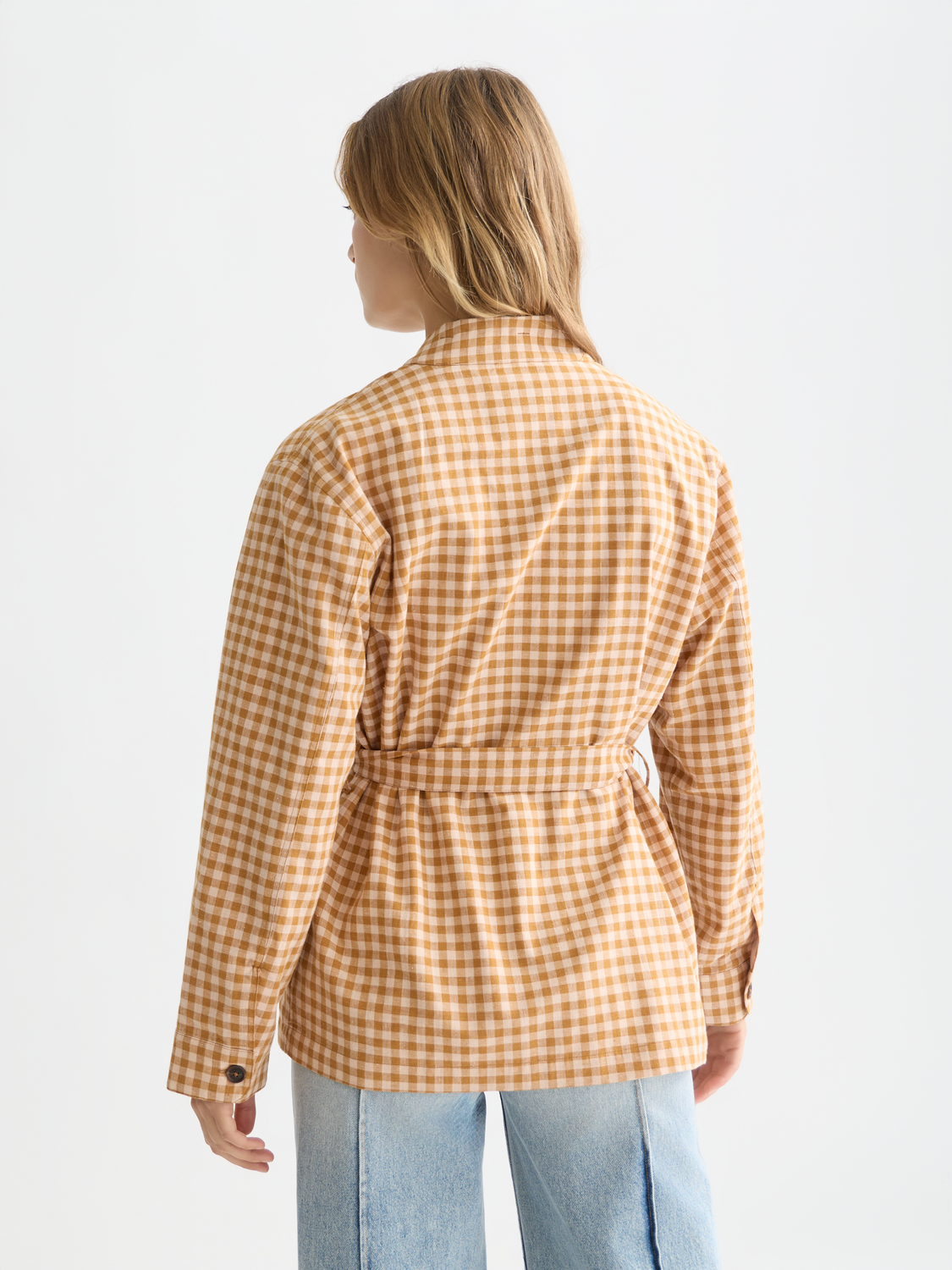 Gingham belted blazer by Scotch & Soda, featuring a tailored fit and stylish belt detail, shown from the back view.