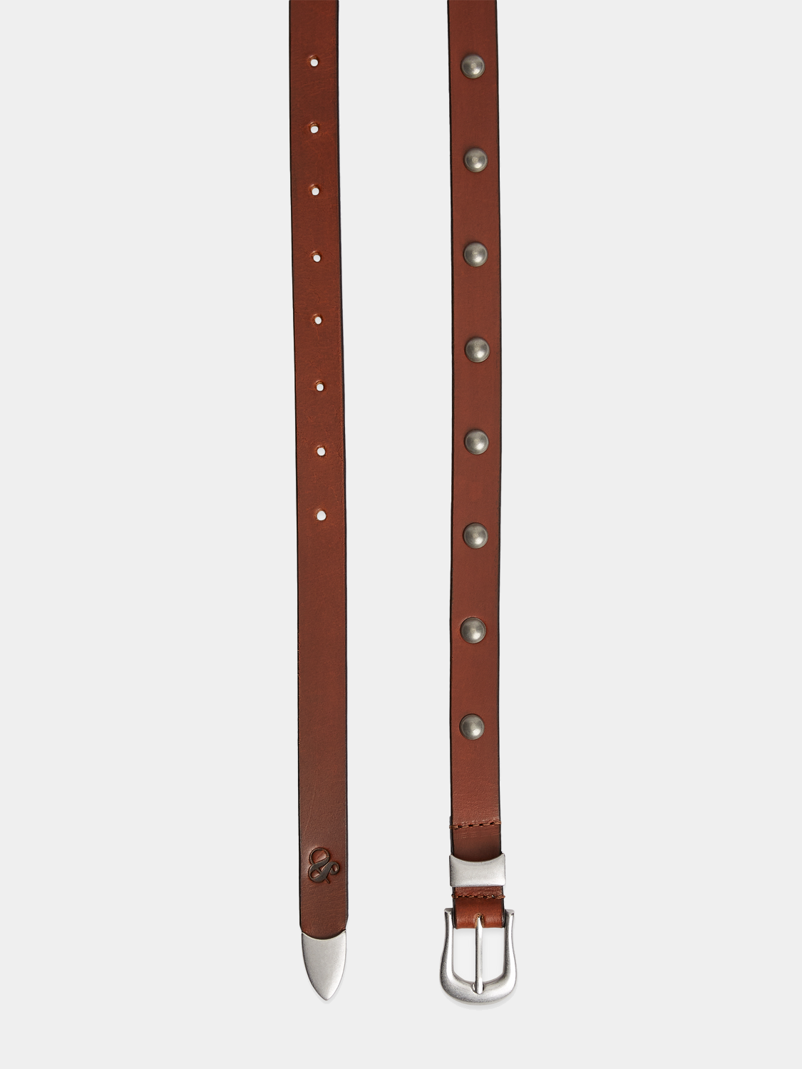 Black studded leather belt by Scotch & Soda with metal stud accents and a classic buckle closure.