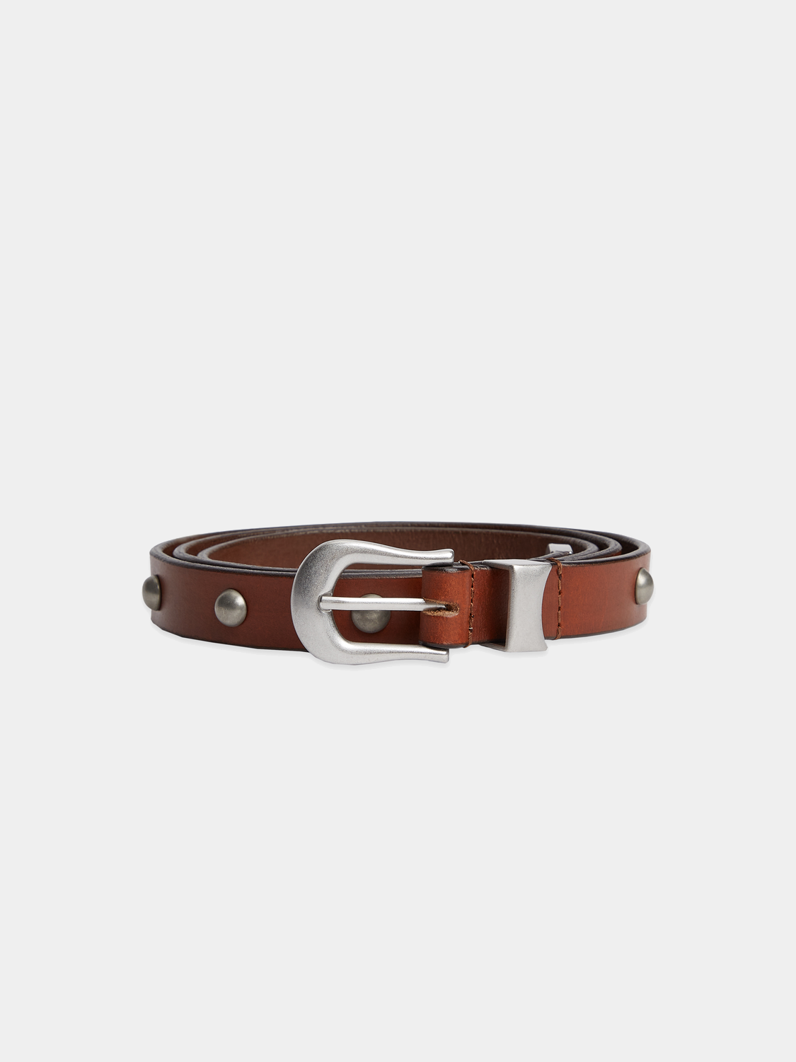 Studded leather belt from Scotch & Soda featuring metal studs and a sleek design, ideal for casual or stylish outfits.