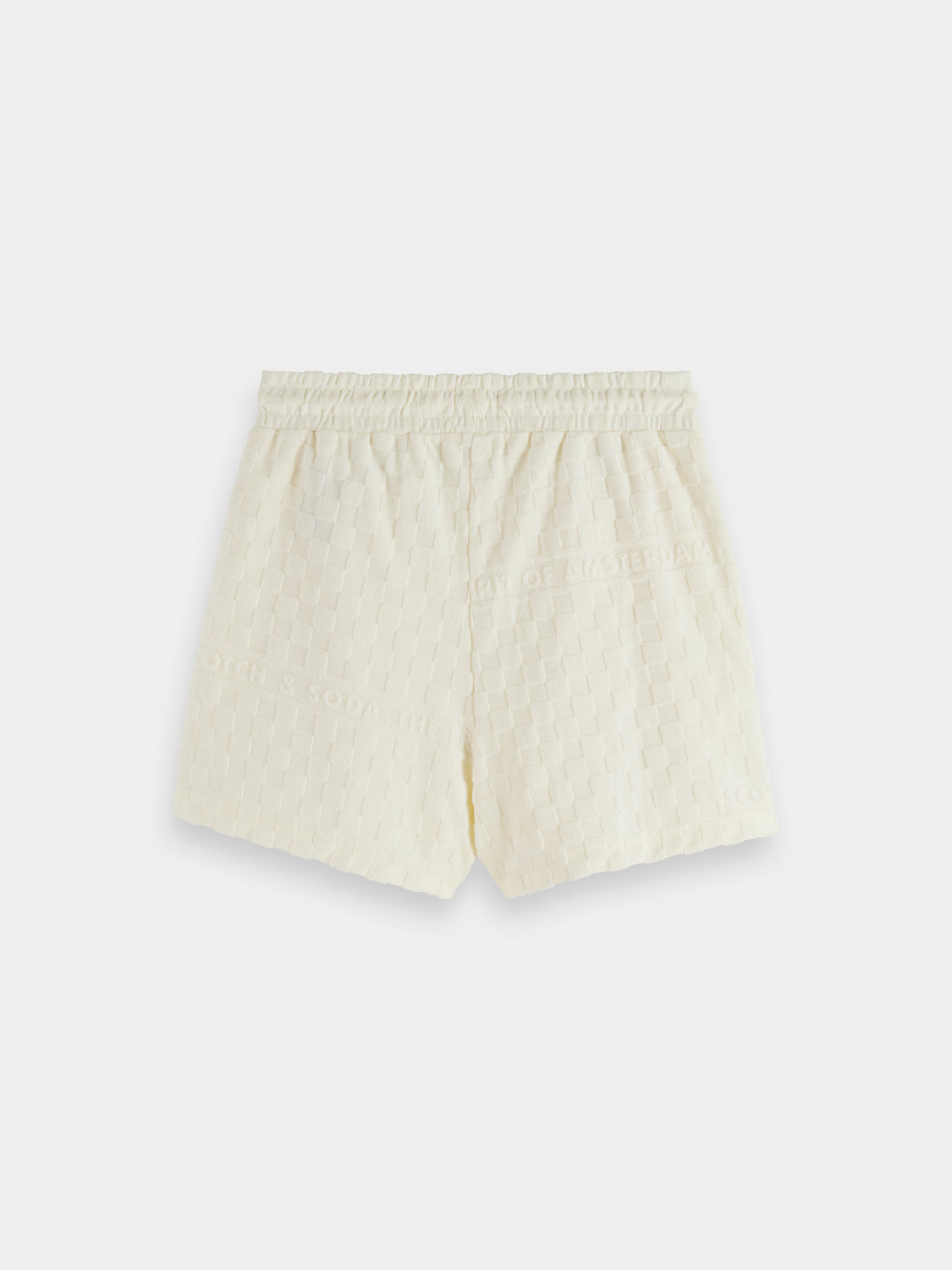 Black towelling shorts by Scotch & Soda, casual shorts with a relaxed fit and soft fabric, shown from the back.