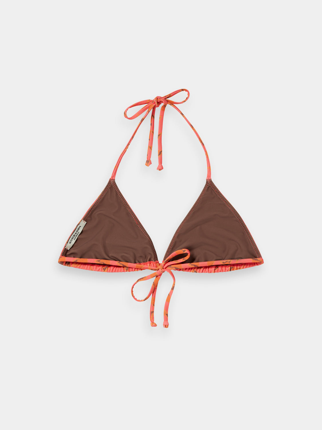 Printed bikini top from Scotch & Soda featuring vibrant patterns, adjustable straps, and swimwear fabric for stylish beachwear.