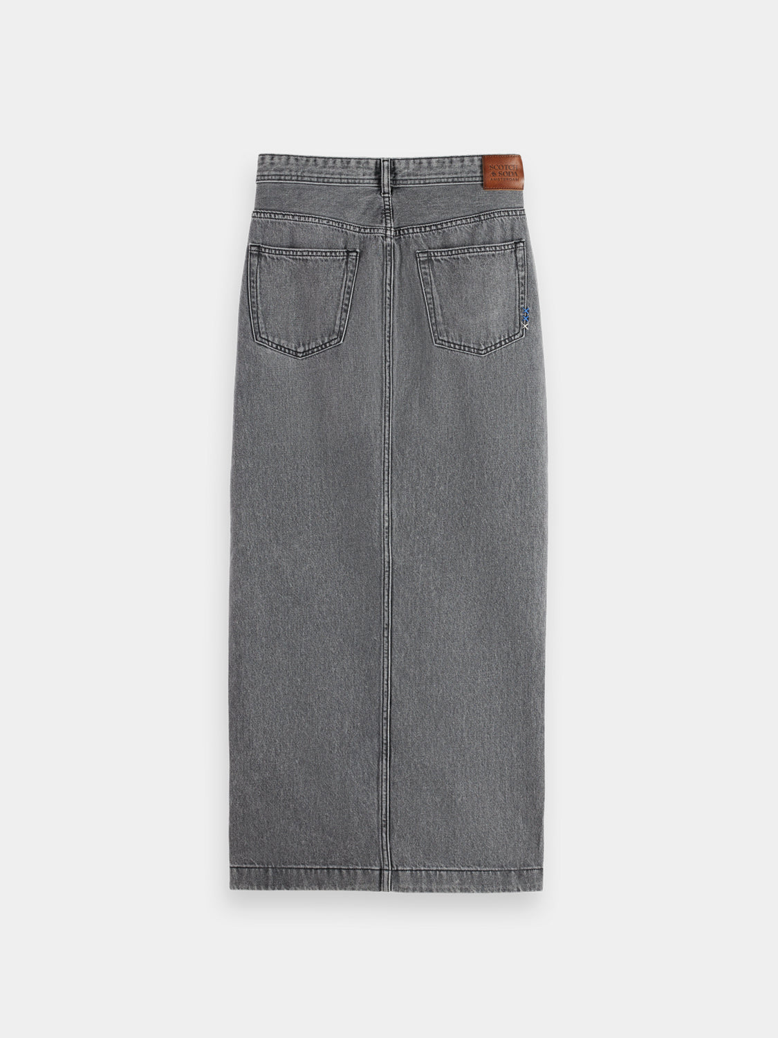 Dark blue denim maxi skirt from Scotch & Soda featuring a flowing design and high waist, shown from the back view.