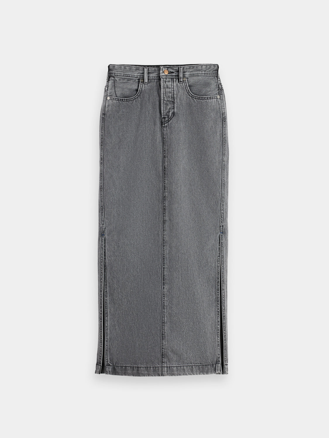 Denim maxi skirt by Scotch & Soda, flowing length with classic five-pocket design, styled with a casual look.